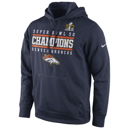 NIKE DENVER BRONCOS NAVY SUPER BOWL 50 CHAMPIONS CELEBRATION PERFORMANCE HOODIE