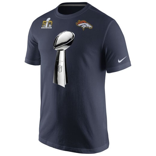 NIKE LOMBARDI TROPHY DENVER BRONCOS NAVY SUPER BOWL 50 CHAMPIONS CELEBRATION OPEN T-SHIRT