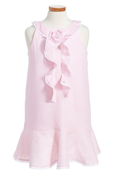 Oscar de la Renta Ruffle Drop Waist Linen Dress (Little Girls & Big Girls) with Lace Trim Color Rose