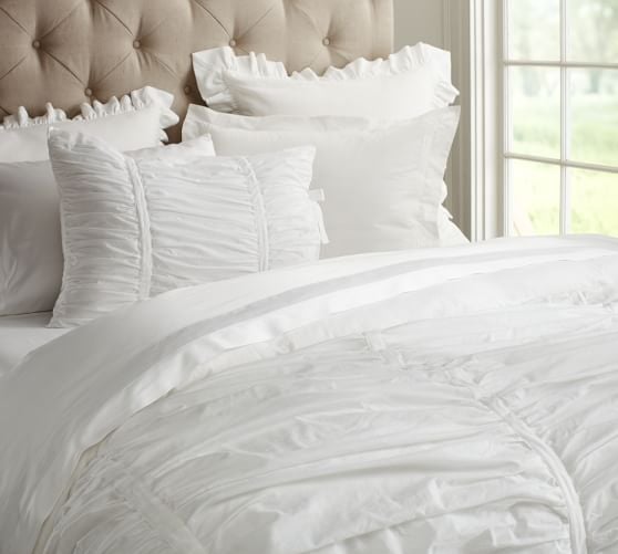 Pottery Barn HADLEY RUCHED DUVET COVER & SHAM WHITE