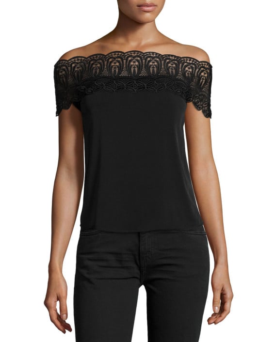 Self Portrait Bardot Lace-Trim Off-the-Shoulder Top Black