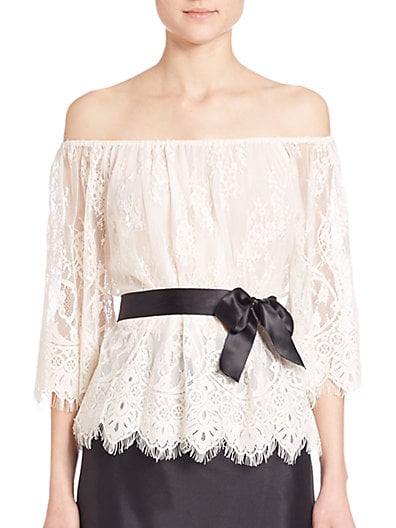 Teri Jon by Rickie Freeman Off-The-Shoulder Ivory Lace Top with Satin Bow Detail