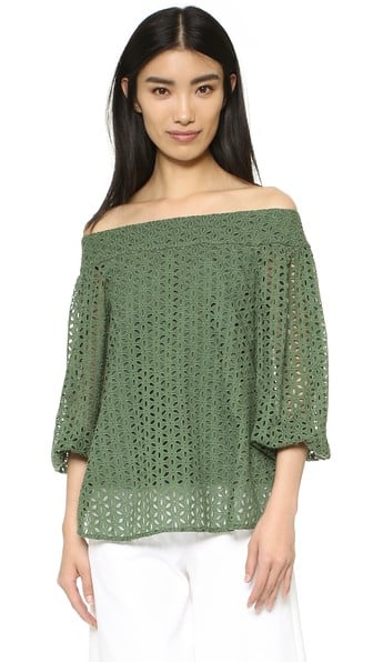 Tibi Eyelet Embroidered Off Shoulder Top Vine Green