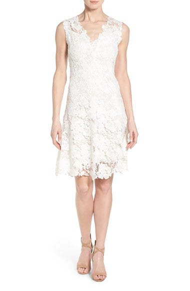 Elie Tahari 'Samira' V-Neck Lace A-Line Dress White
