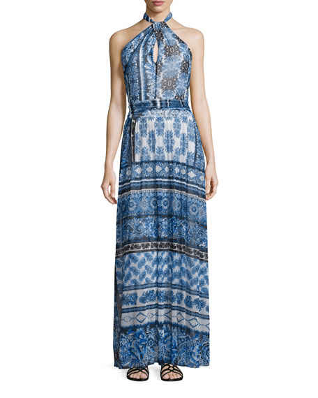 Fuzzi Halter Scarf-Print Maxi Dress Overseas