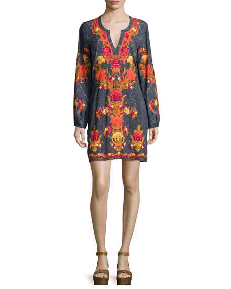 Hemant and Nandita Long-Sleeve Split-Neck Mini Dress Shawl Print