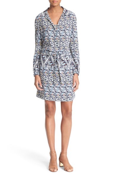 Tory Burch Drawstring Tile Print Silk Shirtdress Riviera Blue long sleeve dresses for easter