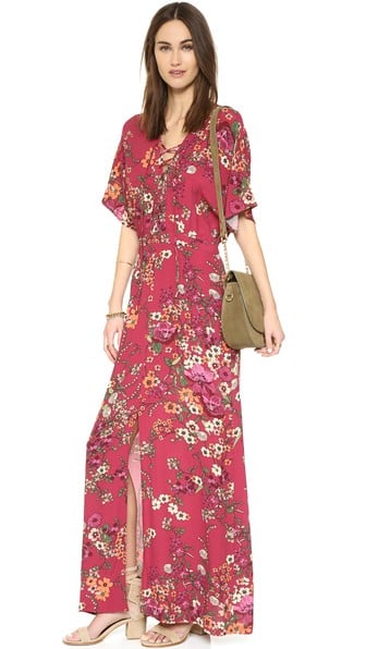 WAYF Floral Print Lace Up Maxi Dress Red Botanical maxi dresses for easter