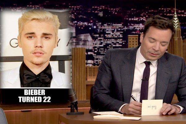 Watch Jimmy Fallon pen his weekly thank you notes on Friday, March 4, 2016 to Justin Bieber's 22nd birthday, Netflix, Starbucks in Italy, Donald Trump, waterparks and so much more.