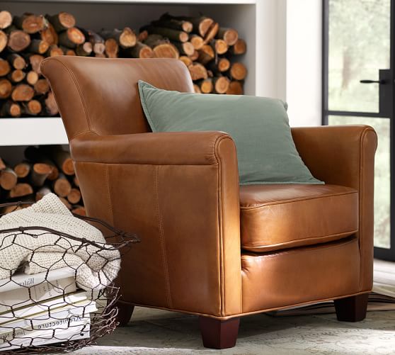 Pottery Barn IRVING LEATHER ARMCHAIR Leather Chestnut pottery barn warehouse clearance sale for spring