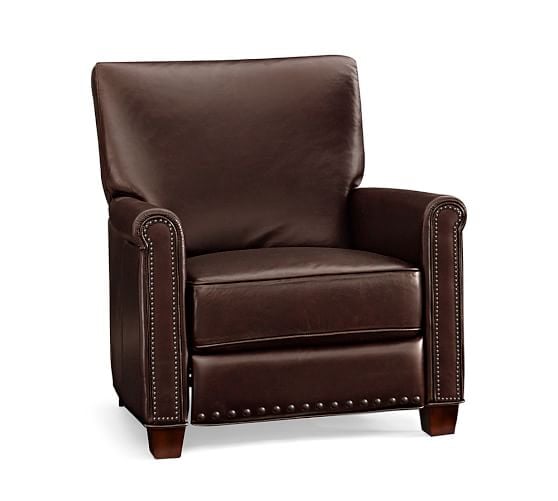 Pottery Barn IRVING LEATHER RECLINER WITH NAILHEADS Leather Molasses pottery barn warehouse clearance sale for spring