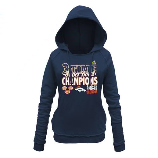 5TH & OCEAN BY NEW ERA DENVER BRONCOS WOMEN'S NAVY SUPER BOWL 50 CHAMPIONS 3-TIME CHAMPS PULLOVER HOODIE