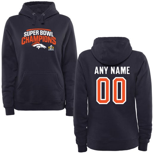 DENVER BRONCOS WOMEN'S NAVY SUPER BOWL 50 CHAMPIONS SEAM PERSONALIZED PULLOVER HOODIE
