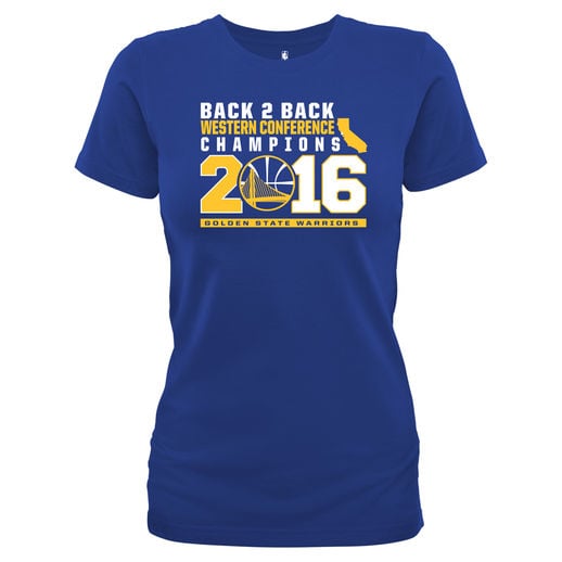 GOLDEN STATE WARRIORS WOMEN'S ROYAL 2016 WESTERN CONFERENCE CHAMPIONS BACK 2 BACK T-SHIRT golden state warriors 2016 western conference champions