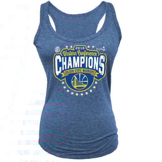 NEW ERA GOLDEN STATE WARRIORS WOMEN'S HEATHER ROYAL 2016 WESTERN CONFERENCE CHAMPIONS TRI-BLEND RACERBACK TANK TOP golden state warriors 2016 western conference champions