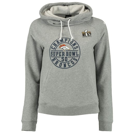 NIKE DENVER BRONCOS WOMEN'S GRAY SUPER BOWL 50 CHAMPIONS CIRCLE SEAL FUNNEL HOODIE