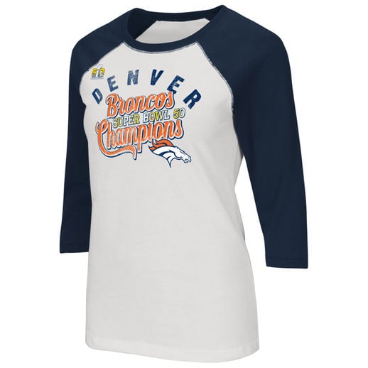 TOUCH BY ALYSSA MILANO DENVER BRONCOS WOMEN'S WHITE SUPER BOWL 50 CHAMPIONS THREE QUARTER SLEEVE RAGLAN T-SHIRT mother's day denver broncos gifts for mom