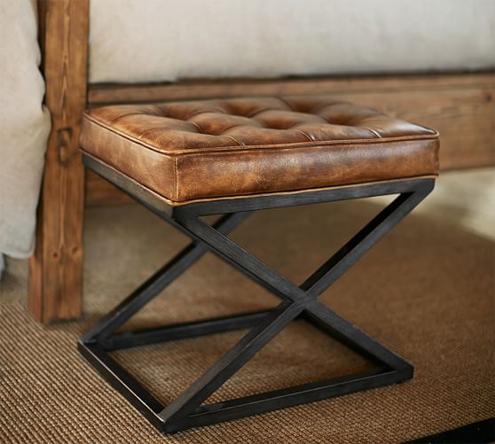 Pottery Barn KIRKHAM TUFTED LEATHER X-BASE STOOL pottery barn buy more save more sale