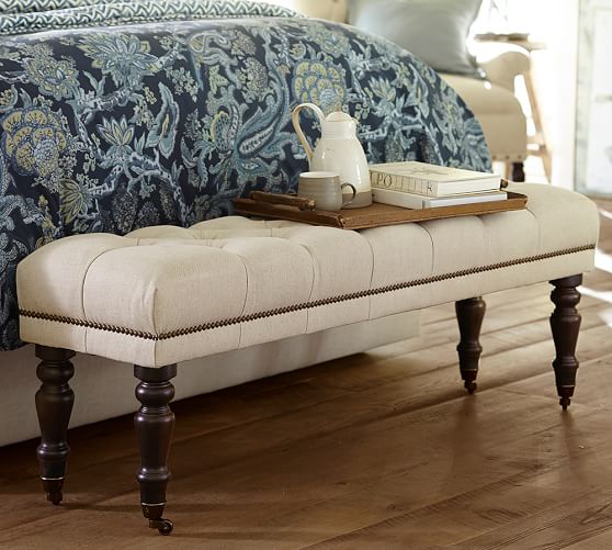 Pottery Barn RALEIGH TUFTED BENCH WITH TURNED LEGS pottery barn buy more save more sale 4th of july