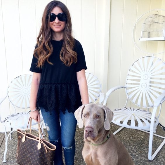 Candace Rose and Fred! Love my endless rose lace tee! I paired it with my favorite AG legging jeans David Yurman bracelet, ring, Michele watch, Chanel sunglasses and Louis Vuitton bag. Fred looks pretty cute in his usual John Deere collar. He's such a farm dog! ;)