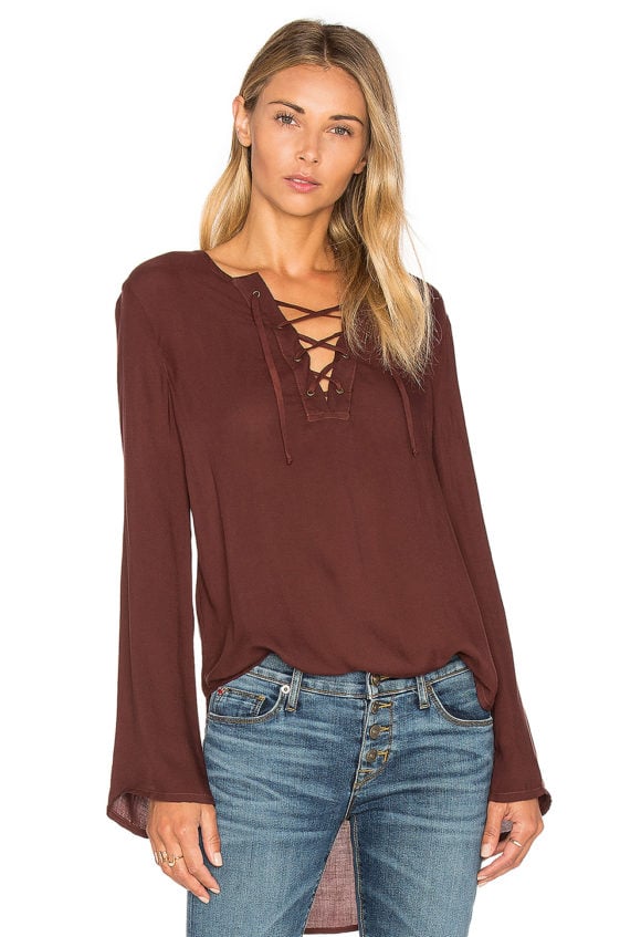 BELLA DAHL Bell Sleeve Lace Up Top Rum Raisin bell sleeve tops fall