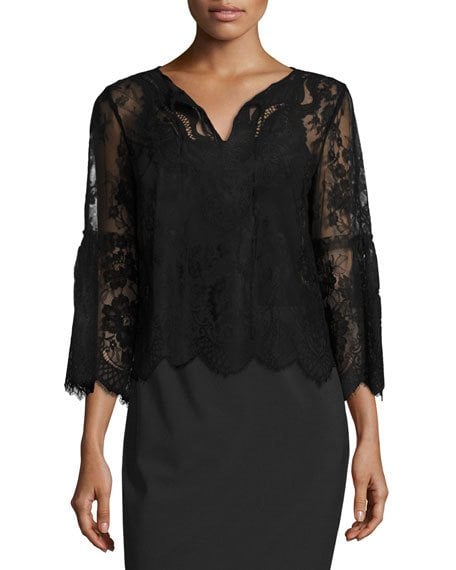 Elie Tahari Calista Sheer Lace Three Quarter Bell Sleeve Blouse Black