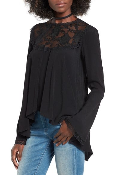 For Love & Lemons 'Ellery' Embroidered Yoke High/Low Blouse Black bell sleeve tops fall 2016