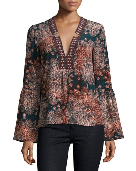 Nanette Lepore Paisley Silk Bell-Sleeve Top Dark Green bell sleeve tops fall 2016