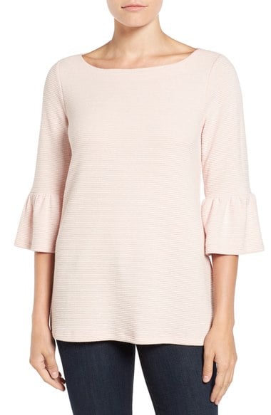 Pleione Stripe Knit Bell Sleeve Top Pink Smoke bell sleeve tops fall 2016