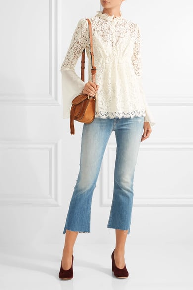 RACHEL ZOE Cynthia silk chiffon-paneled lace top ecru bell sleeve tops fall 2016