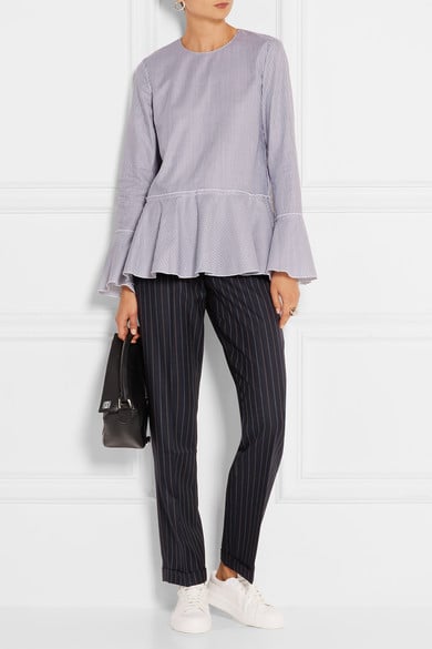 THEORY Lexanda striped cotton-poplin peplum top bell sleeves bell sleeve tops fall 2016