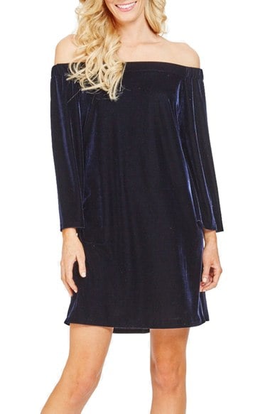 Donna Morgan Stretch Velvet Off The Shoulder Shift Dress Marine Navy Blue velvet dresses fall 2016 wedding season