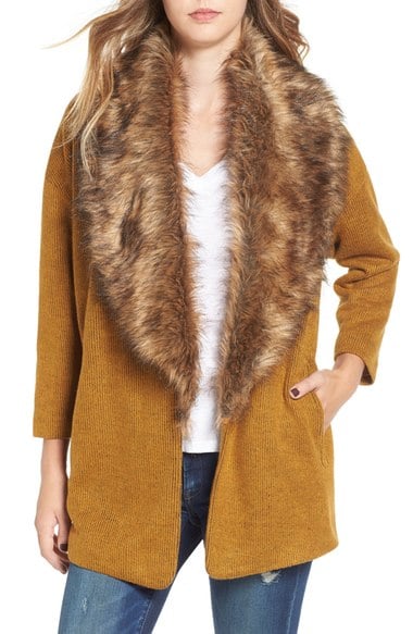 Leith Open Front Sweater Jacket with Removable Faux Fur Collar Brown Buckthorn faux fur coats