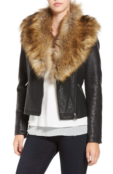 Love Token Faux Leather Jacket with Removable Faux Fur Collar Black faux fur coats