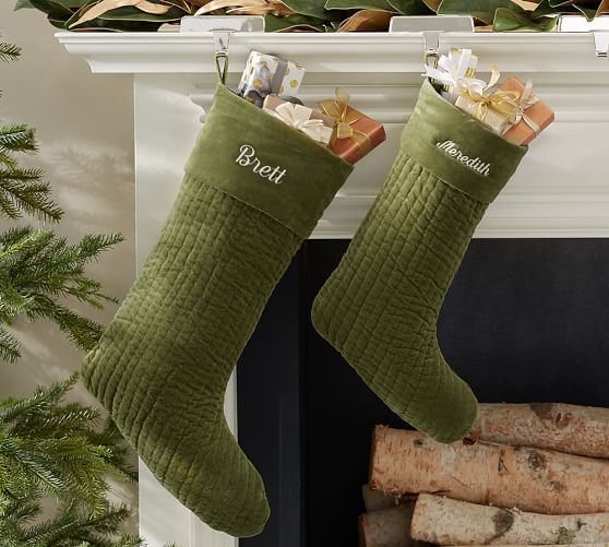 Pottery Barn CHANNEL QUILTED VELVET STOCKING - GREEN pottery barn holiday decorating event sale