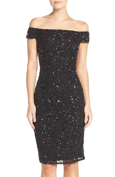 Adrianna Papell Off the Shoulder Sequin Sheath Dress (Regular & Petite) Black new year's eve sequin dresses