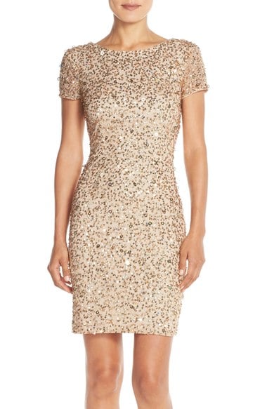 Adrianna Papell Sequin Mesh Sheath Dress (Regular & Petite) Champagne Gold new year's even dresses