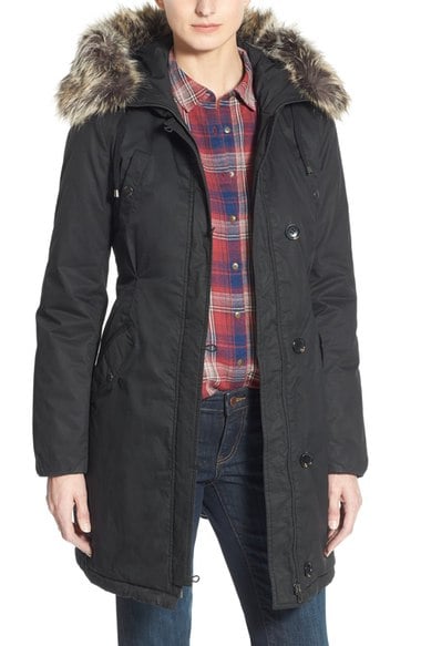 Halogen® Hooded Parka with Faux Fur Trim (Regular & Petite) Black faux fur parkas