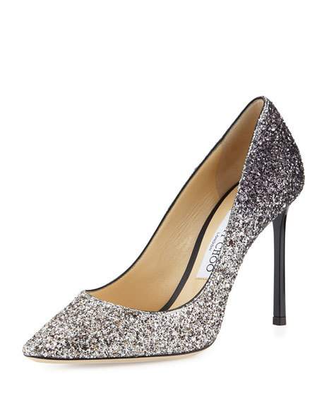 Jimmy Choo Romy Glitter Pointed-Toe 100mm Pump Light Mocha/Black Neiman Marcus christmas sale