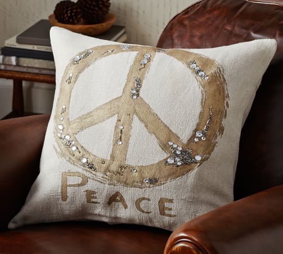 Pottery Barn METALLIC EMBROIDERED PEACE SIGN PILLOW COVER pottery barn premier event sale