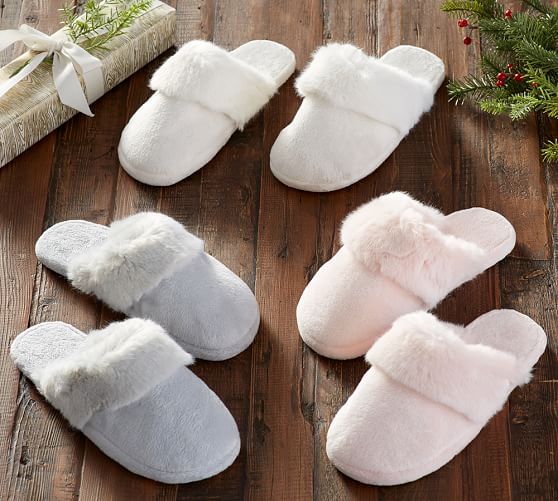 Pottery Barn TONAL COLORED FUR SLIPPERS Ivory Soft Rose pottery barn faux fur sale