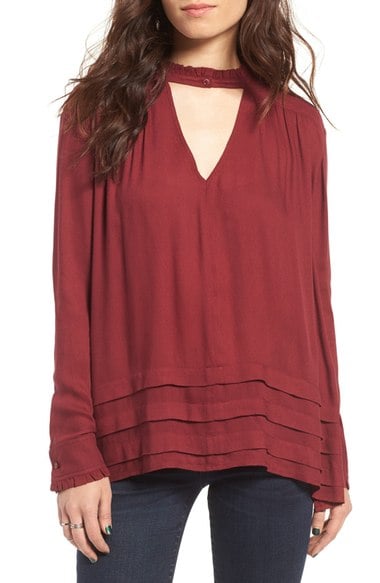 Sun & Shadow Keyhole Blouse Red Cordovan cutout tops winter