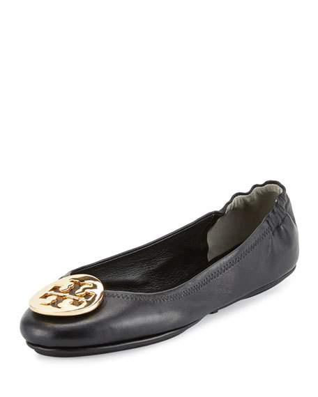 Tory Burch Minnie Travel Logo Ballerina Flat, Black/Gold Neiman Marcus christmas sale
