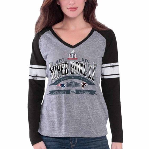 G-III 4Her by Carl Banks New England Patriots vs. Atlanta Falcons Women's Heathered Gray/Black Super Bowl LI Dueling The Franchise V-Neck Long Sleeve T-Shirt