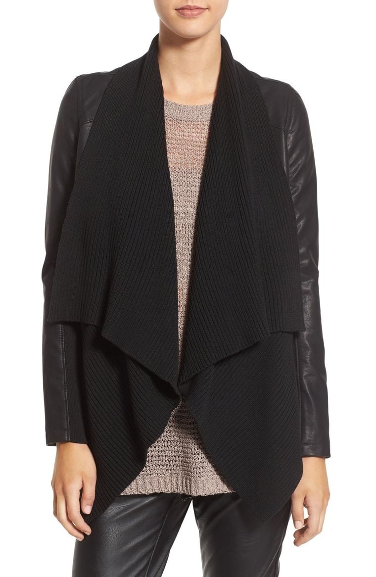 BLANKNYC All or Nothing Faux Leather Jacket Black drape front cardigans