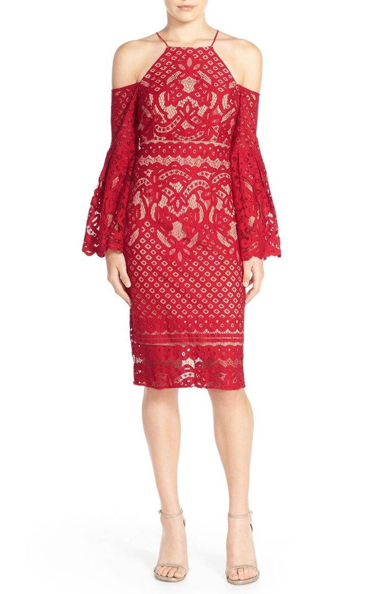 Bardot 'Mila' Cold Shoulder Lace Midi Dress Vivid Red
