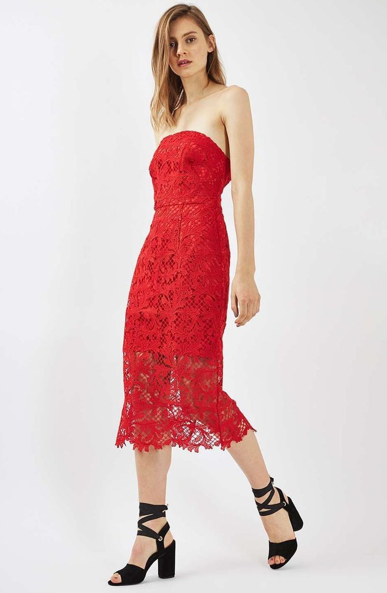 Topshop Strapless Lace Midi Dress Red