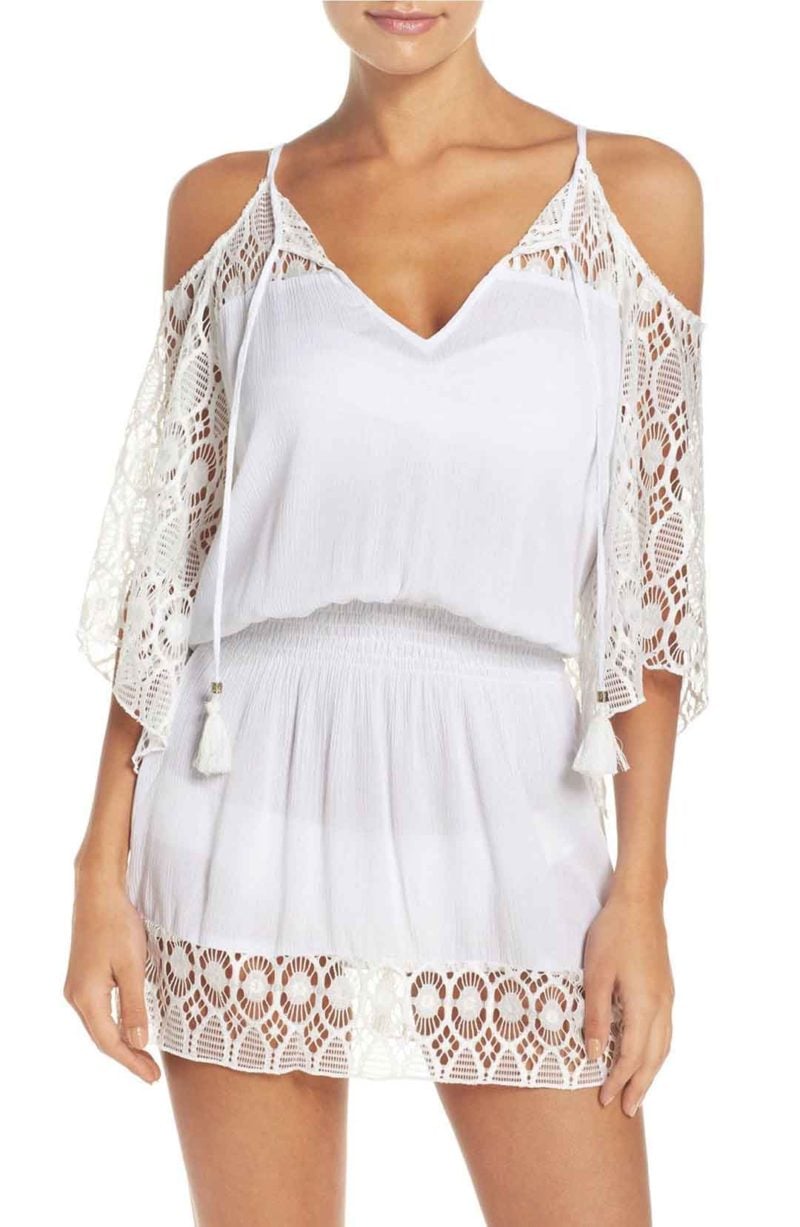 BECCA Blouson Cover-Up Tunic White Crochet Accents off the shoulder beach cover ups for spring break 2017