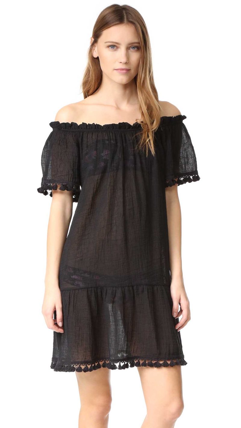 Eberjey Sol Devon Off The Shoulder Cover Up Dress Black Pom Pom Trim off the shoulder beach cover ups spring break 2017