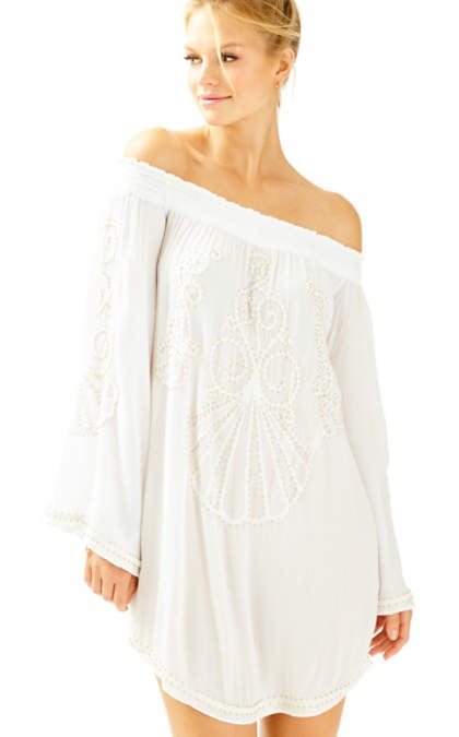 Lilly Pulitzer NITA OFF THE SHOULDER COVER-UP Resort White Bell Sleeves Pom Poms off the shoulder beach cover ups for spring break 2017